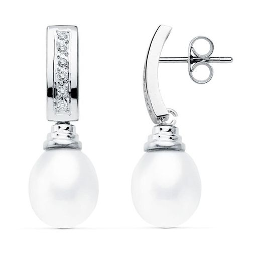 18K Pendientes Oro Blanco Perla 30X9 Mm Cierre Presion