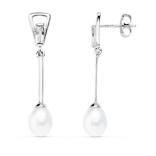 18K Pendientes Oro Blanco Perla 31X5 Mm Cierre Presion