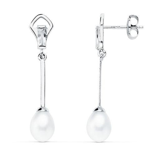 18K Pendientes Oro Blanco Perla 31X6 Mm Cierre Presion