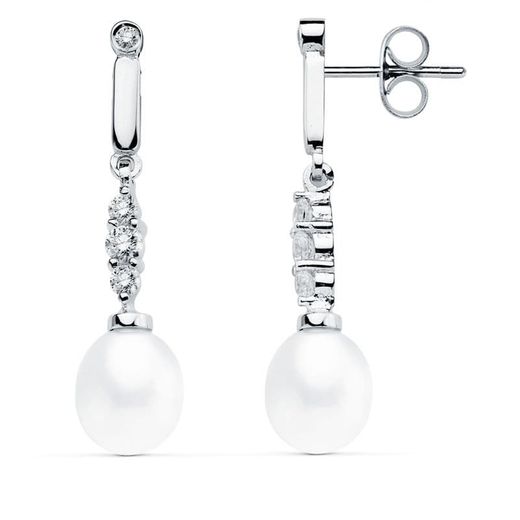 18K Pendientes Oro Blanco Perla 31X7 Mm Cierre Presion