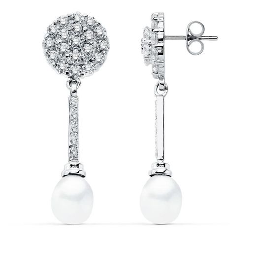 18K Pendientes Oro Blanco Perla 39X12 Mm Cierre Presion