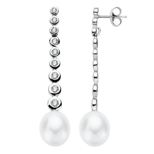 18K Pendientes Oro Blanco Perla 40X8 Mm Cierre Presion