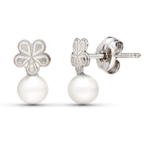 18K Pendientes Oro Blanco Perla 9X5 Mm Cierre Presion