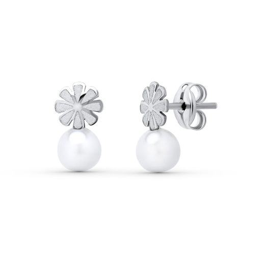 18K Pendientes Oro Blanco Perla 9X5 Mm. Cierre Presion