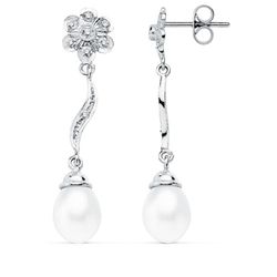 18K Pendientes Oro Blanco Perla 9X7 Mm Flor 38X8 Mm Cierre Presion