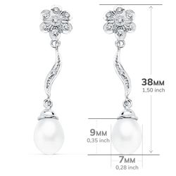 18K Pendientes Oro Blanco Perla 9X7 Mm Flor 38X8 Mm Cierre Presion
