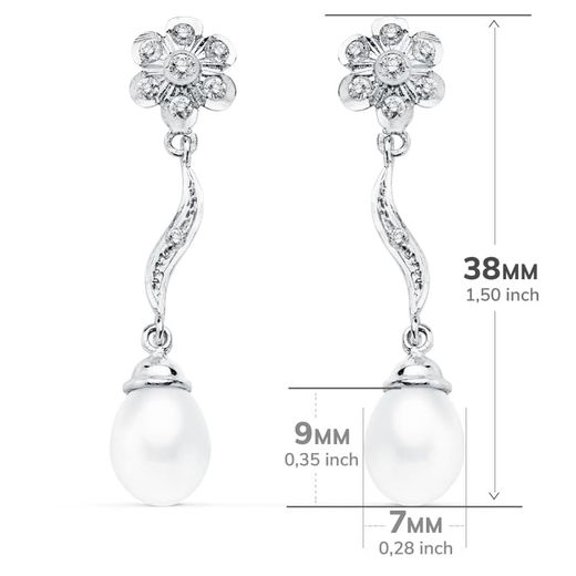 18K Pendientes Oro Blanco Perla 9X7 Mm Flor 38X8 Mm Cierre Presion