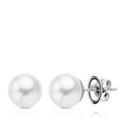 18K Pendientes Oro Blanco Perla Australiana 9.5-10 Mm Cierre Presion