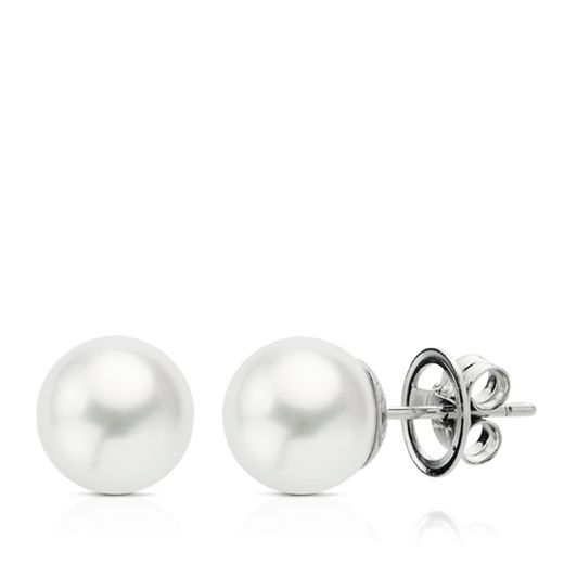 18K Pendientes Oro Blanco Perla Australiana 9.5-10 Mm Cierre Presion