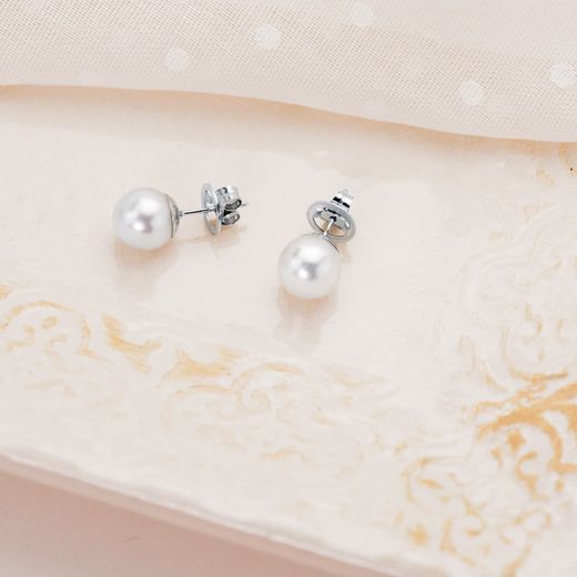 18K Pendientes Oro Blanco Perla Australiana 9.5-10 Mm Cierre Presion
