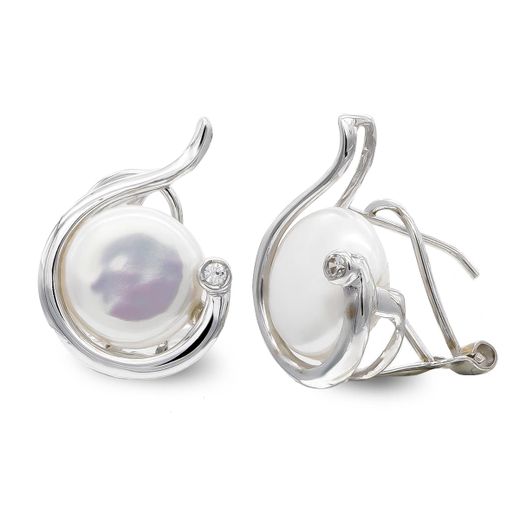 18K Pendientes Oro Blanco Perla Boton 10 Mm Cierre Omega