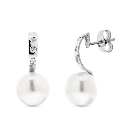 18K Pendientes Oro Blanco Perla Boton Y Circonita Cierre Presion
