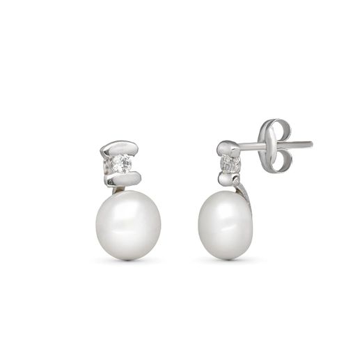18K Pendientes Oro Blanco Perla Circonita 10X6 Mm Cierre Presion