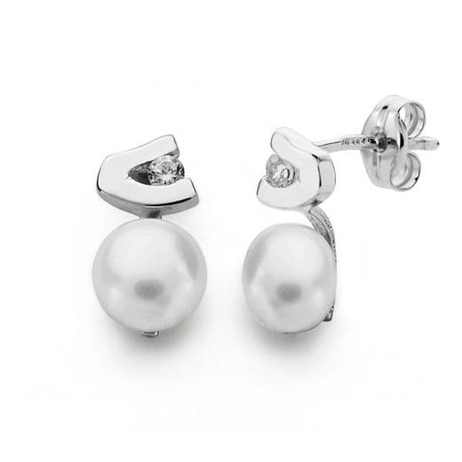 18K Pendientes Oro Blanco Perla Circonita 11X6 Mm Cierre Presion