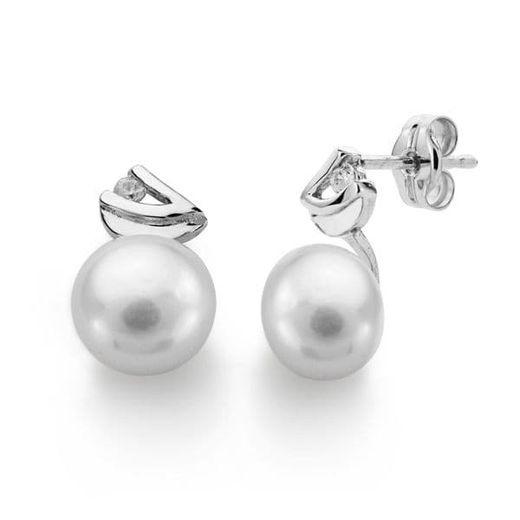 18K Pendientes Oro Blanco Perla Circonita 11X7 Mm Cierre Presion