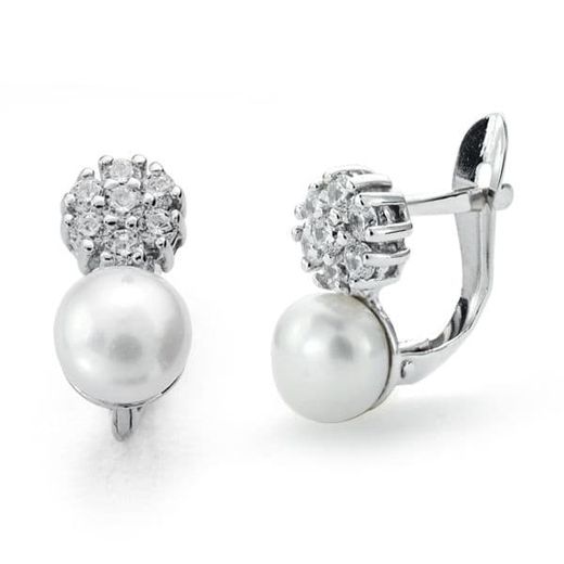 18K Pendientes Oro Blanco Perla-Circonita 12X6 Mm Cierre Catalan