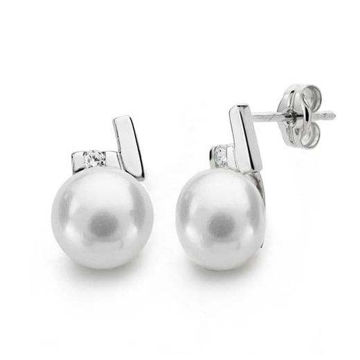 18K Pendientes Oro Blanco Perla Circonita 12X8 Mm Cierre Presion