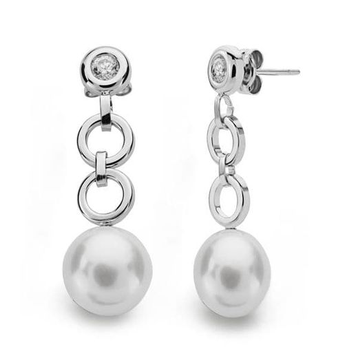 18K Pendientes Oro Blanco Perla Circonita 29X9 Mm Cierre Presion