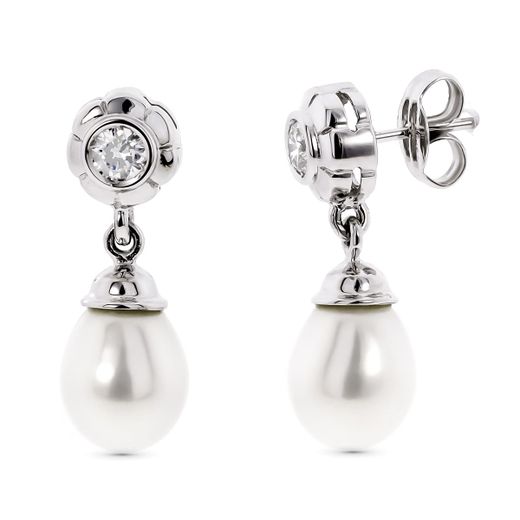 18K Pendientes Oro Blanco Perla Con Circonita Cierre Presion