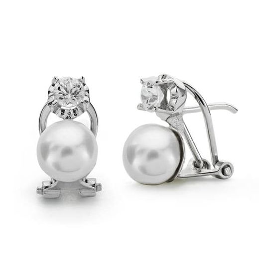 18K Pendientes Oro Blanco Perla Cultivada 7-4.5 Mm Cierre Omega