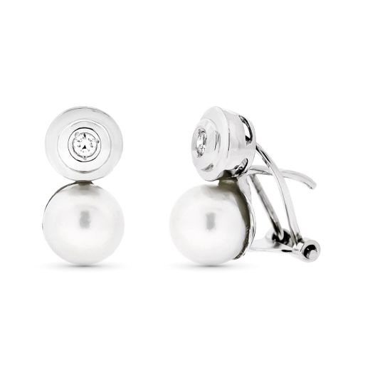 18K Pendientes Oro Blanco Perla Cultivada 7 Mm 14X7 Mm Cierre Omega