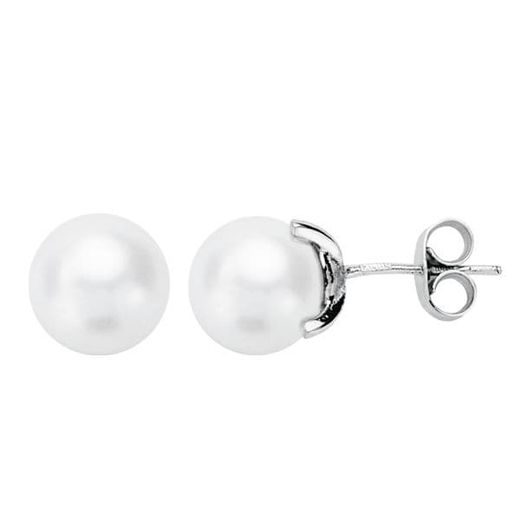 18K Pendientes Oro Blanco Perla Cultivada 7.5-8 Mm Cierre Presion