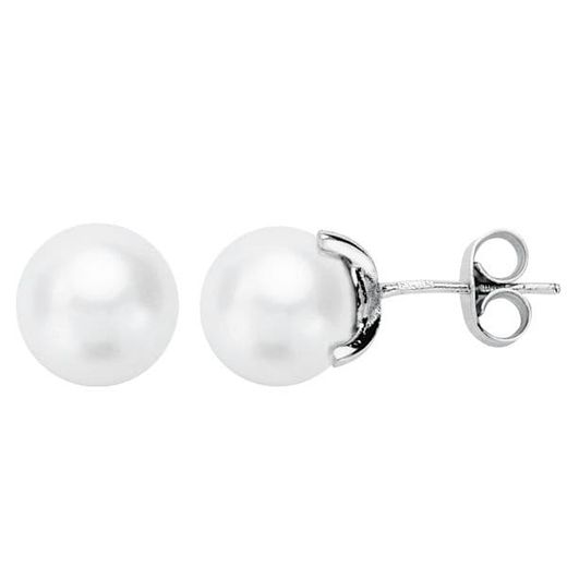 18K Pendientes Oro Blanco Perla Cultivada 8-8.5 Mm Cierre Presion