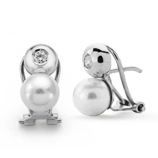 18K Pendientes Oro Blanco Perla Cultivada Y Circonita 13X7 Mm Cierre Omega