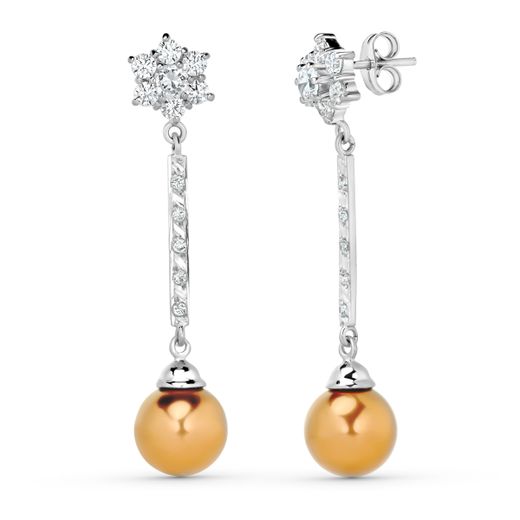 18K Pendientes Oro Blanco Perla Marron Circonitas Cierre Presion
