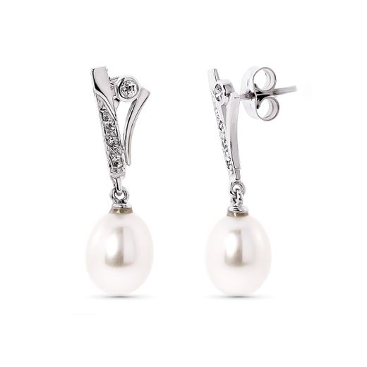 18K Pendientes Oro Blanco Perla Pera Y Circonita Cierre Presion