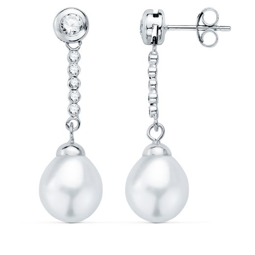 18K Pendientes Oro Blanco Perla Y Chaton Con Circonita 30X8Mm Presion
