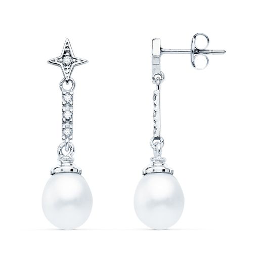 18K Pendientes Oro Blanco Perla Y Circonita 28X8 Mm Cierre Presion