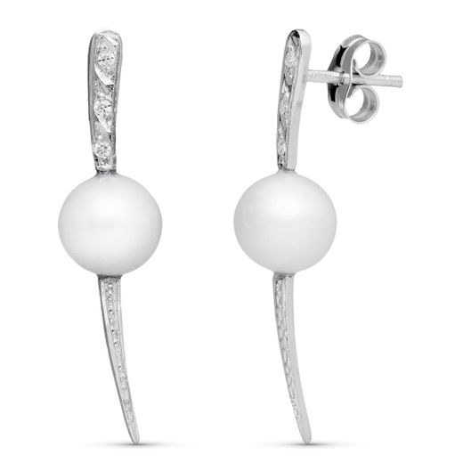 18K Pendientes Oro Blanco Perla Y Circonita Cierre Presion