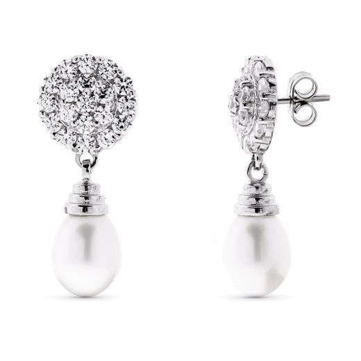 18K Pendientes Oro Blanco Perla Y Circonita Cierre Presion