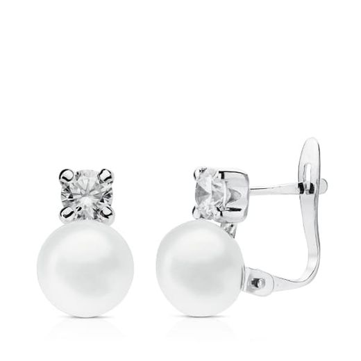 18K Pendientes Oro Blanco Perla Y Circonita Oro Blanco 11X6.5 Mm Cierre Catalan