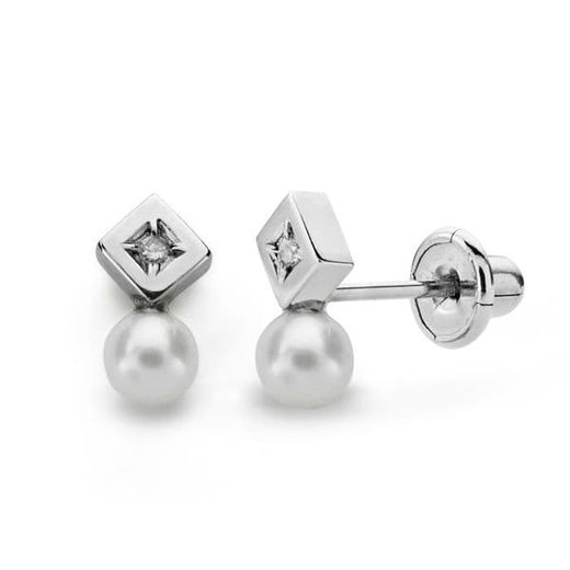 18K Pendientes Oro Blanco Perla Y Diamantes Talla Brillante 0.012 Qts.Cierre Tuerca