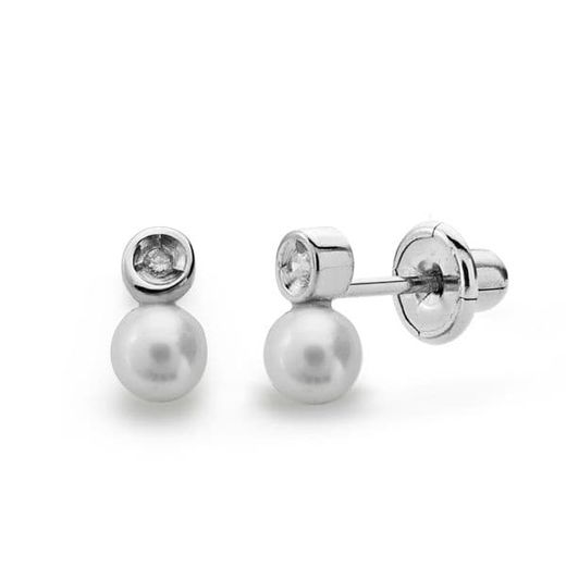 18K Pendientes Oro Blanco Perla Y Diamantes Talla Brillante 0.012 Qts.Cierre Tuerca