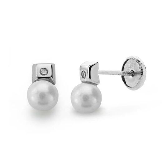 18K Pendientes Oro Blanco Perla Y Diamantes Talla Brillante 0.02 Qts.Cierre Tuerca