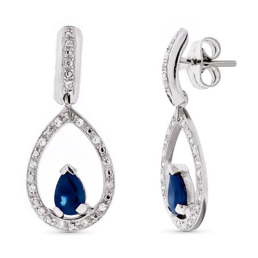 18K Pendientes Oro Blanco Piedra Fina Zafiro 6X4 Mm Cierre Presion