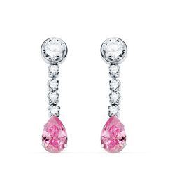 18K Pendientes Oro Blanco Piedra Rosa Gota Y Circontias. 22X5 Mm. Cierre Presion
