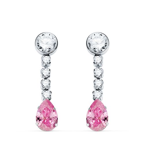 18K Pendientes Oro Blanco Piedra Rosa Gota Y Circontias. 22X5 Mm. Cierre Presion
