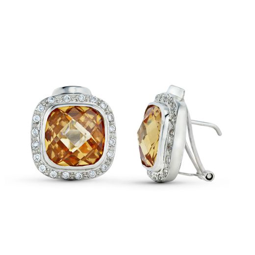 18K Pendientes Oro Blanco Piedra Topacio Con Circonita 19X17 Mm. Cierre Omega