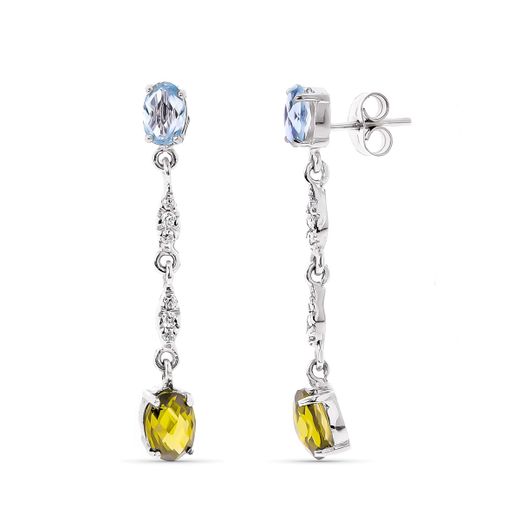 18K Pendientes Oro Blanco Piedras Aguamarina Y Topacio Ambar Cierre Presion