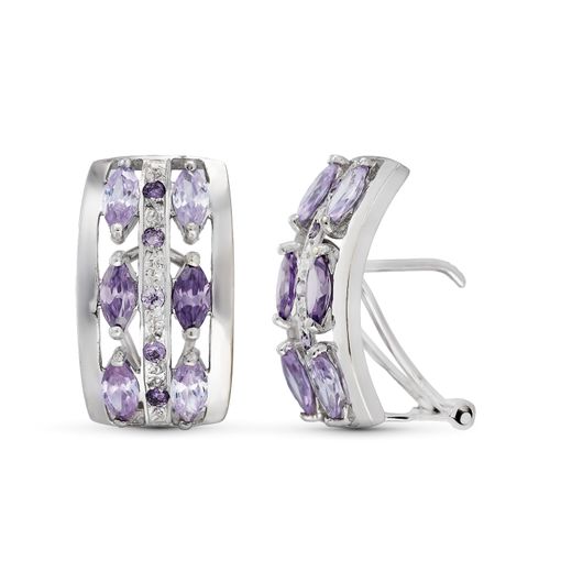 18K Pendientes Oro Blanco Piedras Moradas Y Malva 18 X 11 Mm Cierre Omega
