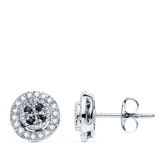 18K Pendientes Oro Blanco Redondo Circonita Y Zafiros 8 Mm Cierre Presion