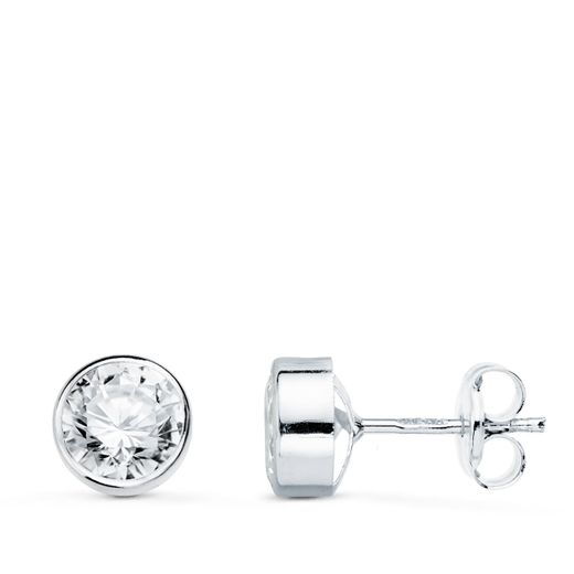 18K Pendientes Oro Blanco Redondo Con Circonita 6 Mm Cierre Presion
