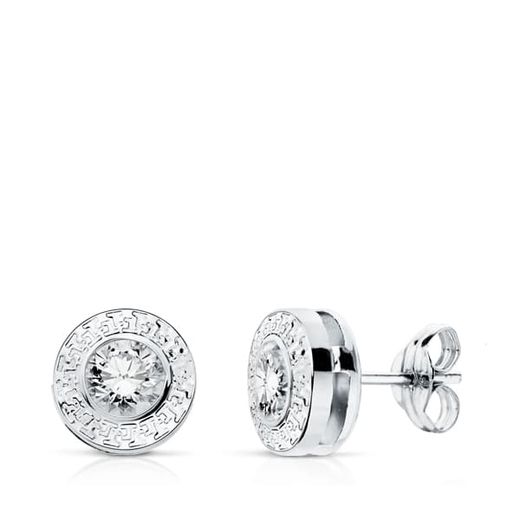 18K Pendientes Oro Blanco Redondos 7 Mm Con Greca Y Circonita Cierre Presion