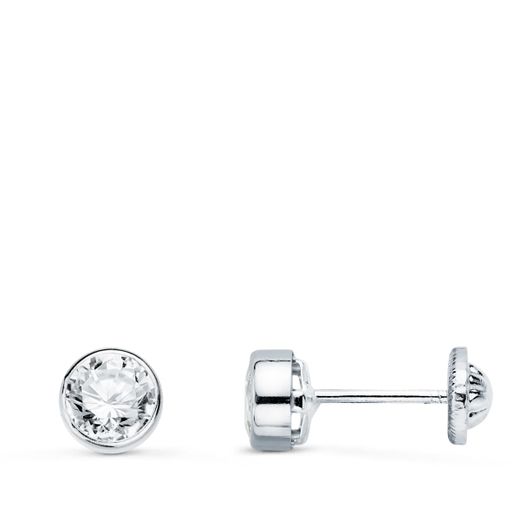 18K Pendientes Oro Blanco Redondos Bocel Con Circonita 5 Mm Cierre Tuerca