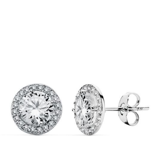18K Pendientes Oro Blanco Redondos Circonita 9 Mm Cierre Presion