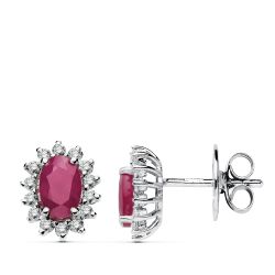 18K Pendientes Oro Blanco Rubi 6X4 Mm 1,00 Qt. Diamantes 0.28 Qts. Vs2-G Cierre Presion 9,5X8 Mm